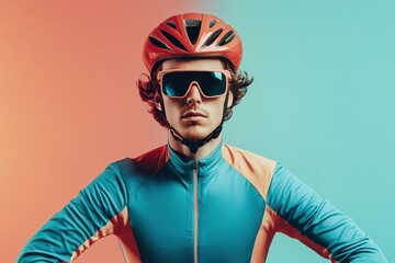 Cyclist in helmet and glasses on gradient backdrop