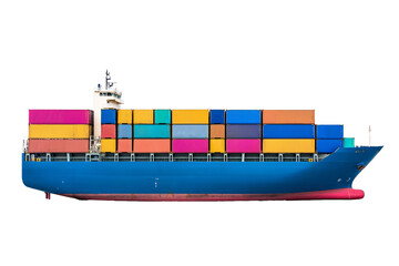 Side view of large blue cargo ship carrying colorful containers isolated on transparent background 