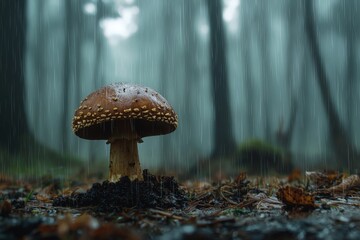 close-up detail of one brown mushroom in a rainy forest