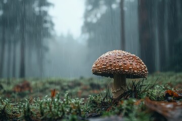 close-up detail of one brown mushroom in a rainy forest