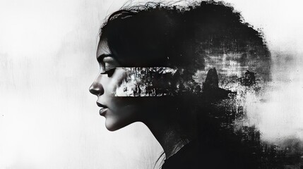 Poster - Artistic double exposure portrait of a woman blending with abstract landscapes, symbolizing thought and creativity.