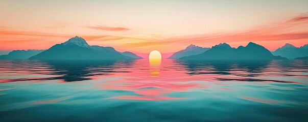 Aufkleber - A stunning sunset over tranquil waters, with silhouettes of distant mountains reflecting warm hues of orange and pink.