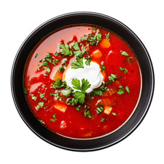 Wall Mural - Top view of Russian borscht soup with sour cream on a dark plate isolated on transparent background 