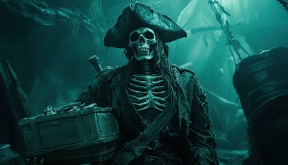 Wall Mural - Ghostly Pirate Skeleton Guarding Treasure in Eerie Underwater Realm