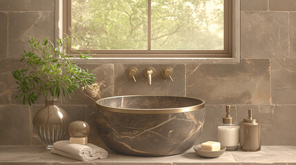 a bathroom scene with a marble sink, a wooden cabinet, and a window with a reflection of green leaves.