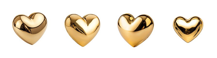 A set of four shiny golden heart-shaped objects isolated on a transparent background, perfect for Valentine's Day designs