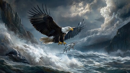 A bald eagle with a fish in its talons soars over crashing waves near a rocky cliff.