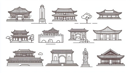 Vector linear icons of Korean travel landmarks in Seoul. These include the Statue of Admiral Yi Sun-Shin, Fortress Wall Janganmun Gate, Gyeongbokgung Palace, Toksugun Palace, and Changdeokgung Palace.