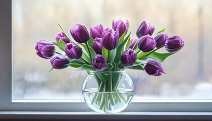 Poster - Elegant Bouquet of Purple Tulips on Window Sill