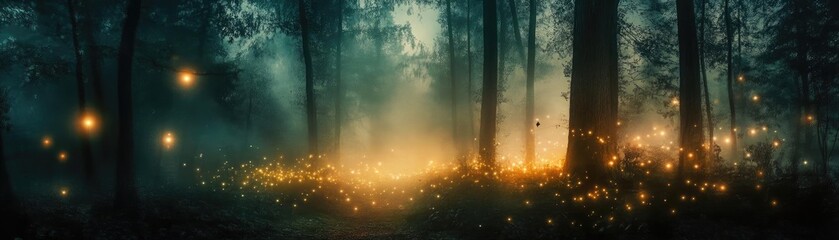Poster - A mystical forest scene illuminated by soft glowing lights, creating a serene and enchanting atmosphere in the twilight.