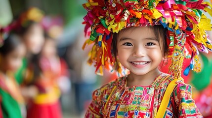 Portrait of a smiling child wearing a colorful traditional hat and attire