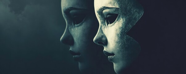 Poster - Mysterious faces captured in a surreal atmosphere, showcasing the interplay of light and shadow with an artistic flair.