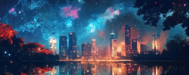 Poster - A vibrant city skyline illuminated by colorful lights under a starry night sky, reflecting on the calm water.