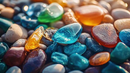 Colorful gemstones on a beach. Polish textured sea glass and stones on the seashore. Generative Ai