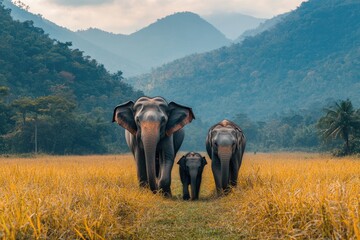 Elephant family posing together in lush green field