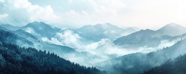 Poster - Breathtaking mountain landscape shrouded in mist, with rolling hills and serene atmosphere, perfect for nature and travel themes.