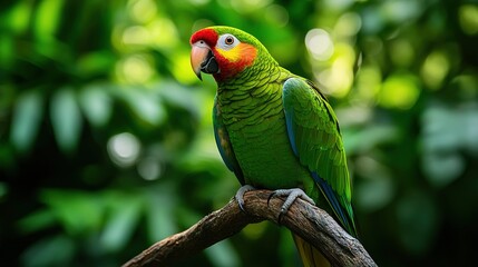 Vibrant green parrot perched on a branch with blurred green foliage in background