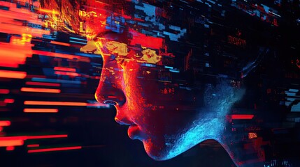 Aufkleber - A digital portrait of a young person with vibrant colors and abstract patterns, representing the fusion of technology and humanity.