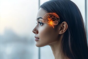 Sticker - Profile of a Woman with a Brain Glowing Like a Puzzle Piece: Exploring the Intersection of Technology Cognitive Thought and Modern Intellectual Processes