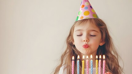 Cheerful birthday with a birthday cake festive party hat and person blowing out the candle flames  Special occasion happy milestone and joyful tradition