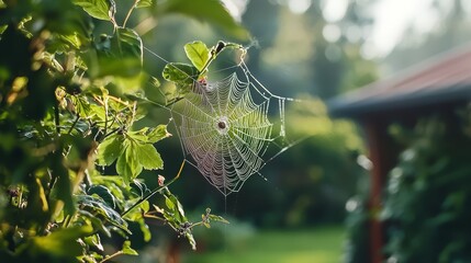  A red-roofed building is fronted by a green yard where a spider web hangs from a tree's side