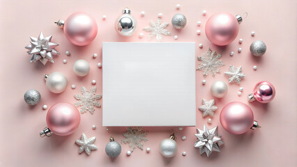 Sticker - Christmas Card - Invitation card mockup on pastel pink background with Christmas decorations.