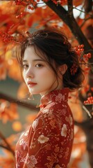 Asian girl in oriental dress, beautiful tree shape, cute, colorful dream, 32k uhd, beautiful dress, calm face