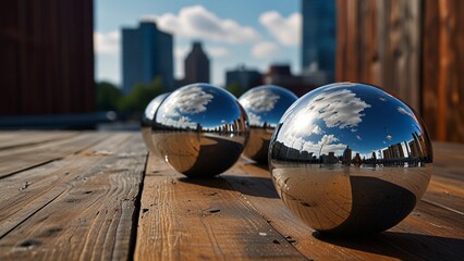 three shiny balls with the city skyline in the background.