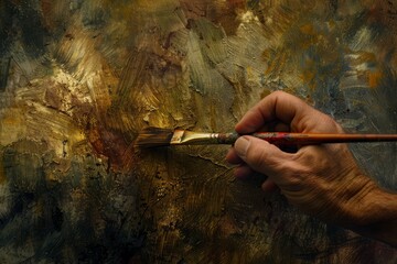 Closeup of an artists hand holding a paintbrush and painting on a canvas.