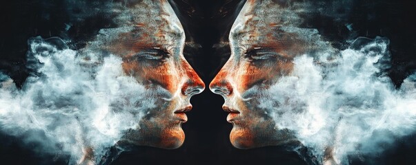 Poster - A captivating dual portrait of two faces shrouded in ethereal smoke, evoking emotion and connection in a surreal ambiance.