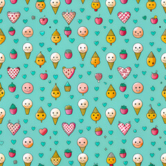 Seamless pastel green pattern with hearts and ice creams