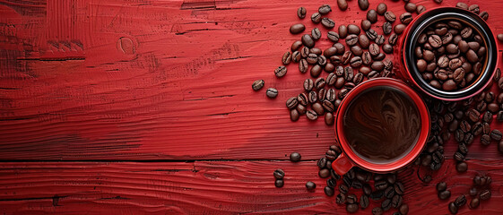 Cups of coffee and bean in wooden red background