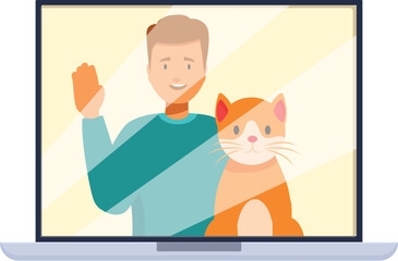 Poster - Young man waving with his cat on a video call on laptop screen
