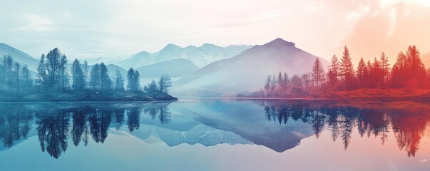 Poster - Serene landscape featuring misty mountains reflected in a calm lake, showcasing hues of blue and red at dawn or dusk.
