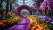 © Alina Tymofieieva - Vibrant arches of flowers create a stunning walkway surrounded by lush greenery and colorful blooms in a sunlit garden.
