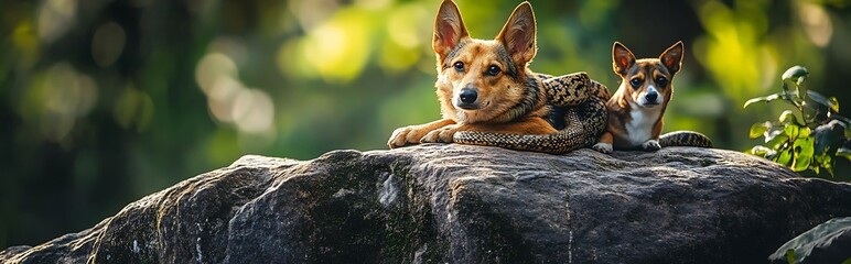 Two dogs sitting on a rock with a snake in between them.