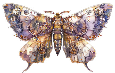 Intricate Steampunk Moth Design, Hand-Painted Watercolor Clipart with Transparent Background