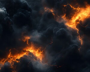 Poster - Black sky with orange lightning, dark clouds