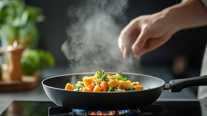 Wall Mural - Mango cooked in a skillet with spices, showcasing a flavorful dish.