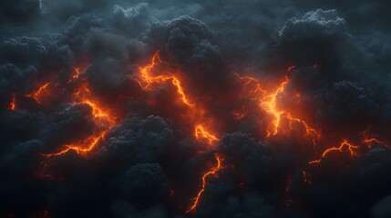 Poster - Black sky with orange lightning, dark clouds