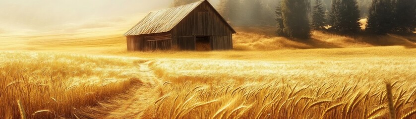 Poster - A tranquil scene of a rustic barn surrounded by golden wheat fields under a soft sunset glow, evoking a sense of peace and nature.