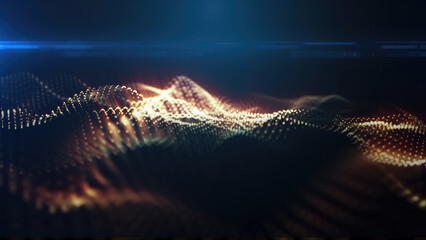 Poster - A smooth wave of golden particles on a dark background, with a warm, glowing effect, symbolizing energy or data flow