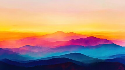Poster - Stunning watercolor landscape showcasing vibrant mountains at sunset, blending warm hues of orange and cool blues for a serene view.
