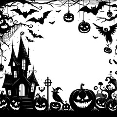 Wall Mural - Old mansion, graveyard, candies and scary pumpkin. Art cover horror night.	