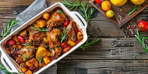 A classic comfort food dish with chicken, potatoes, and tomatoes baked in a casserole dish