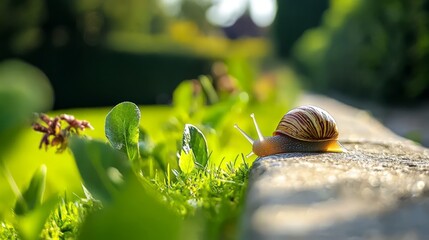  A tight shot of a snail on the ground, surrounded by a foreground of grass and flowers Background features trees and bushes with a soft, blurred appearance