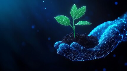 Wall Mural - A glowing digital hand holding a small plant sprouting from soil.