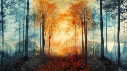 Poster - A serene autumn forest scene featuring vibrant orange foliage, soft light, and a tranquil path through the trees.