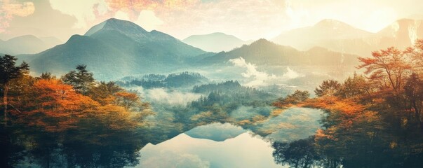 Poster - A serene landscape showcasing vibrant autumn foliage reflected in a tranquil lake under a soft sunrise.