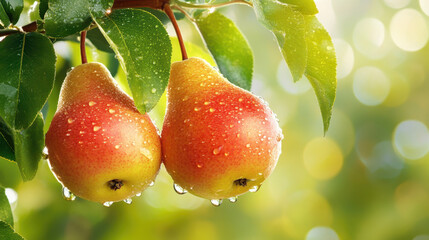 freshly picked ripe pears with droplets of water on their surface hanging from a lush green tree bra